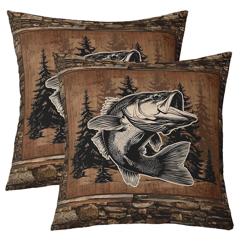7138 Fish Throw Pillow Covers 18"x18" Set of 2 for Girls Boys Fish Hunting
